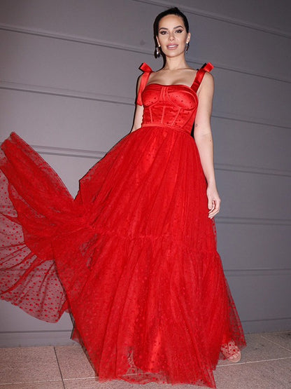 A-Line/Princess Lace Ruffles Square Sleeveless Floor-Length Dresses