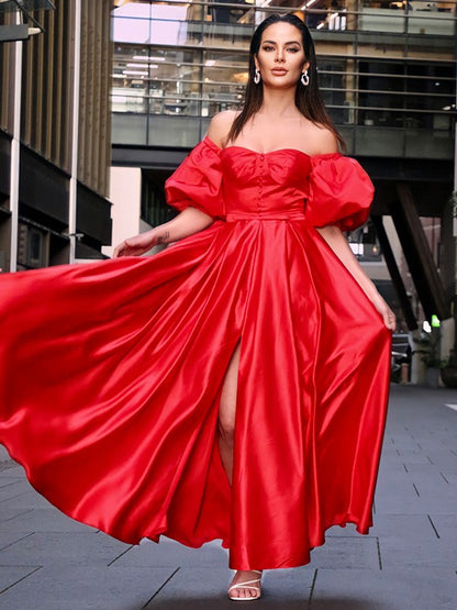 A-Line/Princess Satin Ruffles Off-the-Shoulder 1/2 Sleeves Ankle-Length Dresses