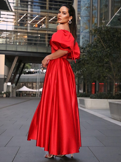 A-Line/Princess Satin Ruffles Off-the-Shoulder 1/2 Sleeves Ankle-Length Dresses