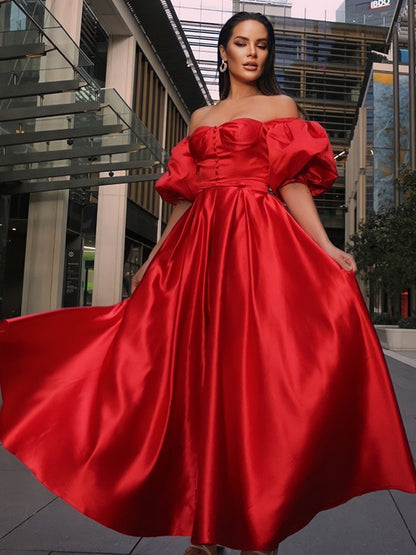 A-Line/Princess Satin Ruffles Off-the-Shoulder 1/2 Sleeves Ankle-Length Dresses