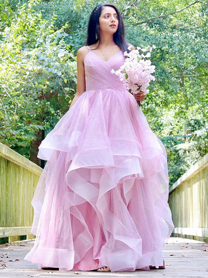 A-Line/Princess Tulle Ruffles Spaghetti Straps Sleeveless Floor-Length Dresses