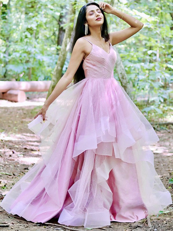 A-Line/Princess Tulle Ruffles Spaghetti Straps Sleeveless Floor-Length Dresses