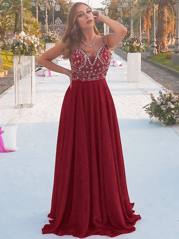 A-Line/Princess Chiffon Beading Spaghetti Straps Sleeveless Floor-Length Dresses