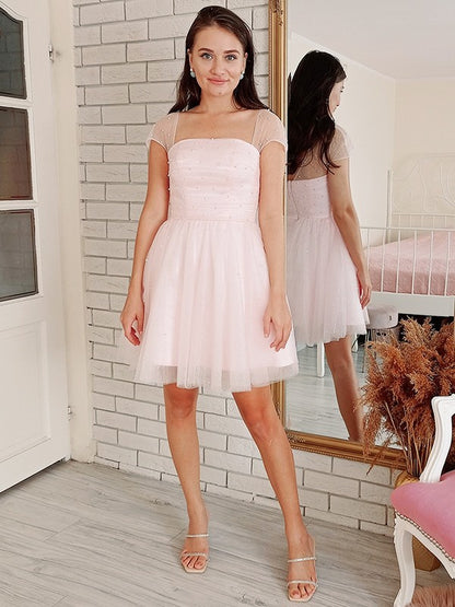 A-Line/Princess Tulle Beading Strapless Short Sleeves Short/Mini Dresses