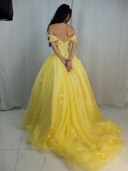 Ball Gown Tulle Applique Off-the-Shoulder Sleeveless Sweep/Brush Train Dresses