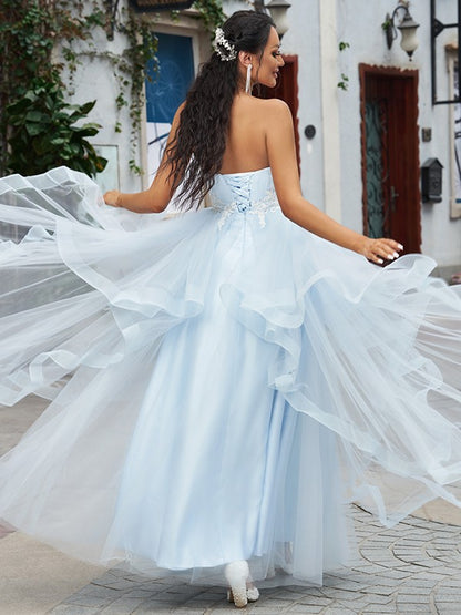 A-Line/Princess Tulle Applique Sweetheart Sleeveless Floor-Length Dresses