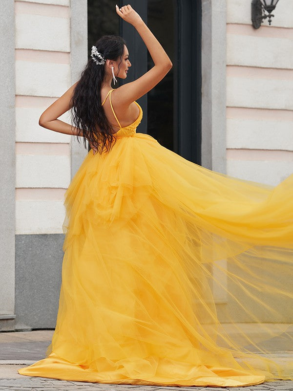 A-Line/Princess Tulle Ruffles V-neck Sleeveless Asymmetrical Dresses