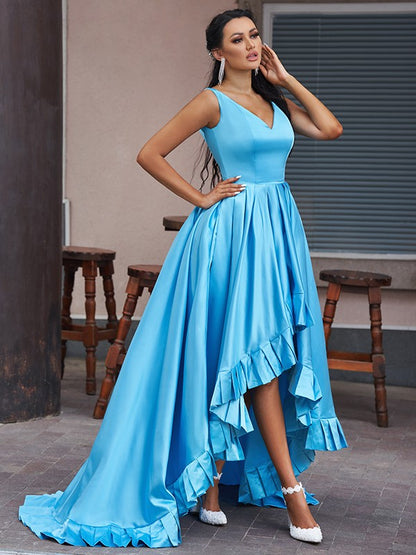 A-Line/Princess Satin Ruffles V-neck Sleeveless Asymmetrical Dresses