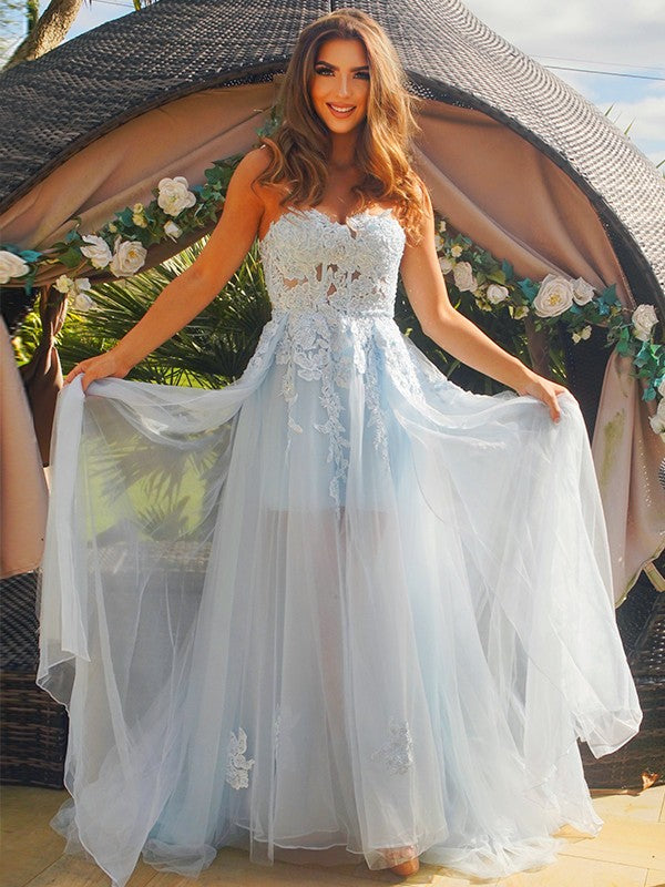 A-Line/Princess Tulle Applique Sweetheart Sleeveless Sweep/Brush Train Dresses