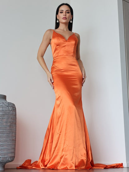 Sheath/Column Satin Ruched V-neck Sleeveless Sweep/Brush Train Dresses