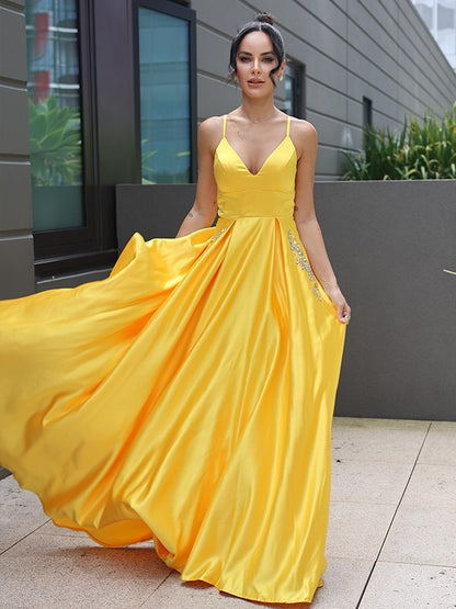 A-Line/Princess Satin Ruffles V-neck Sleeveless Sweep/Brush Train Dresses