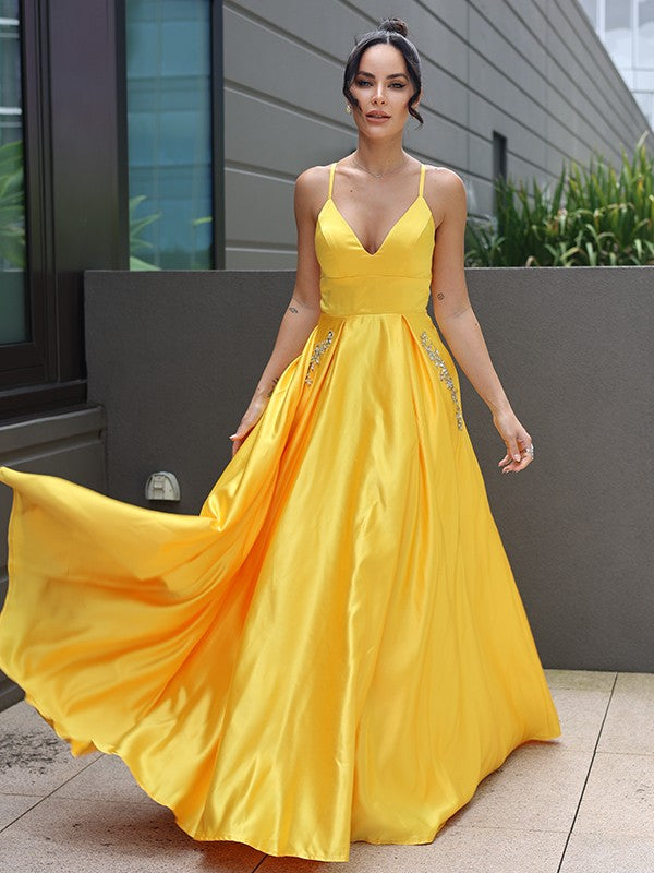 A-Line/Princess Satin Ruffles V-neck Sleeveless Sweep/Brush Train Dresses