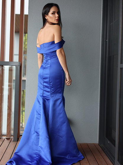 Trumpet/Mermaid Satin Ruffles Off-the-Shoulder Sleeveless Sweep/Brush Train Dresses