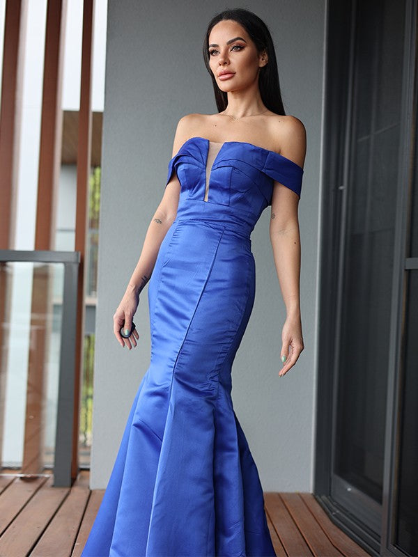 Trumpet/Mermaid Satin Ruffles Off-the-Shoulder Sleeveless Sweep/Brush Train Dresses