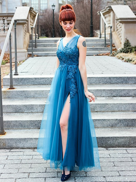 A-Line/Princess Tulle Applique V-neck Sleeveless Floor-Length Dresses