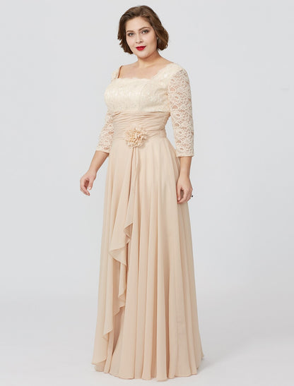 Sheath / Column Mother of the Bride Dress Formal Classic & Timeless Elegant & Luxurious Plus Size Square Neck Floor Length Chiffon Metallic Lace 3/4 Length Sleeve No with Sash / Ribbon Flower