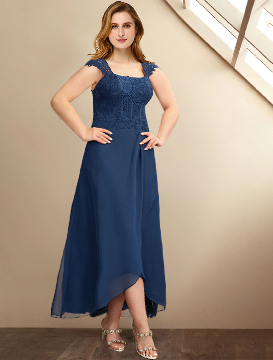 Two Piece A-Line Mother of the Bride Dresses Plus Size Hide Belly Curve Elegant Dress Formal Asymmetrical Half Sleeve Square Neck Chiffon with Pleats Appliques