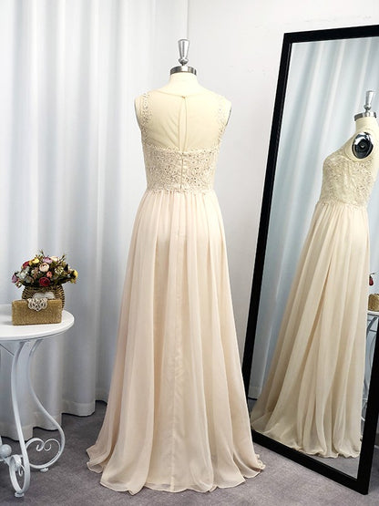 A-Line/Princess Scoop Applique Sleeveless Chiffon Floor-Length Dresses