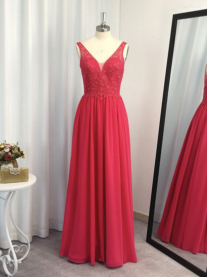 A-Line/Princess Floor-Length Sleeveless Chiffon Applique V-neck Dresses