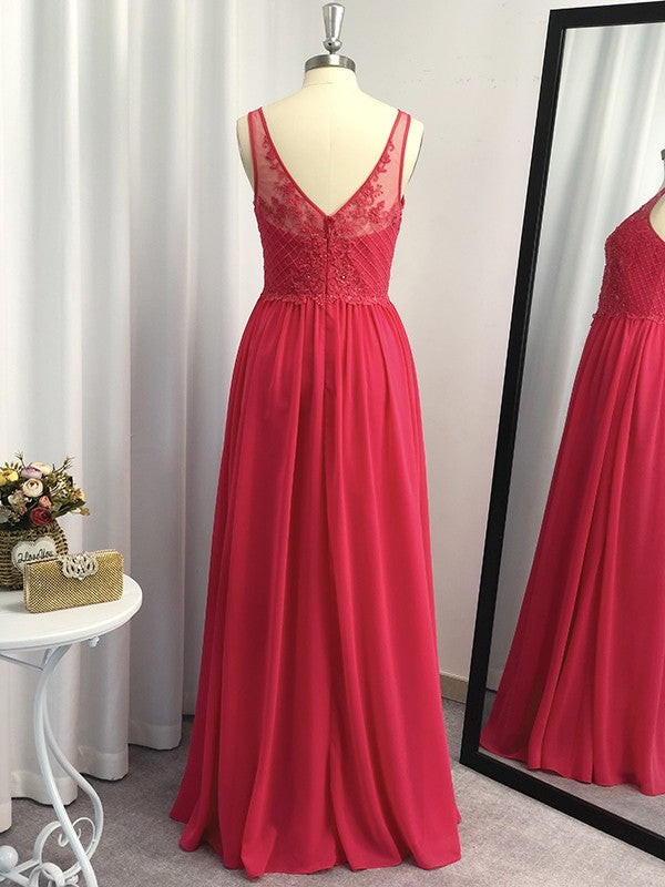 A-Line/Princess Floor-Length Sleeveless Chiffon Applique V-neck Dresses