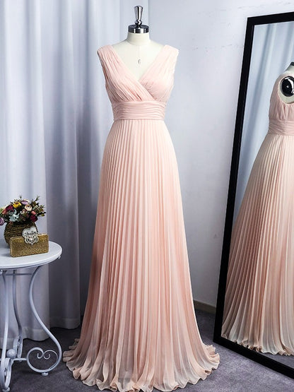 A-Line/Princess Chiffon V-neck Floor-Length Sleeveless Ruffles Dresses