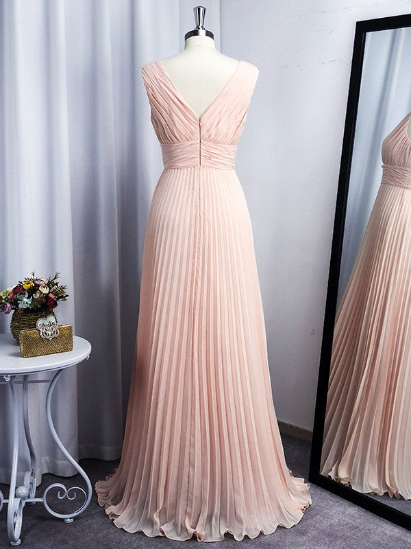 A-Line/Princess Chiffon V-neck Floor-Length Sleeveless Ruffles Dresses