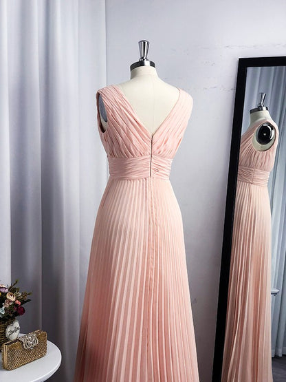 A-Line/Princess Chiffon V-neck Floor-Length Sleeveless Ruffles Dresses