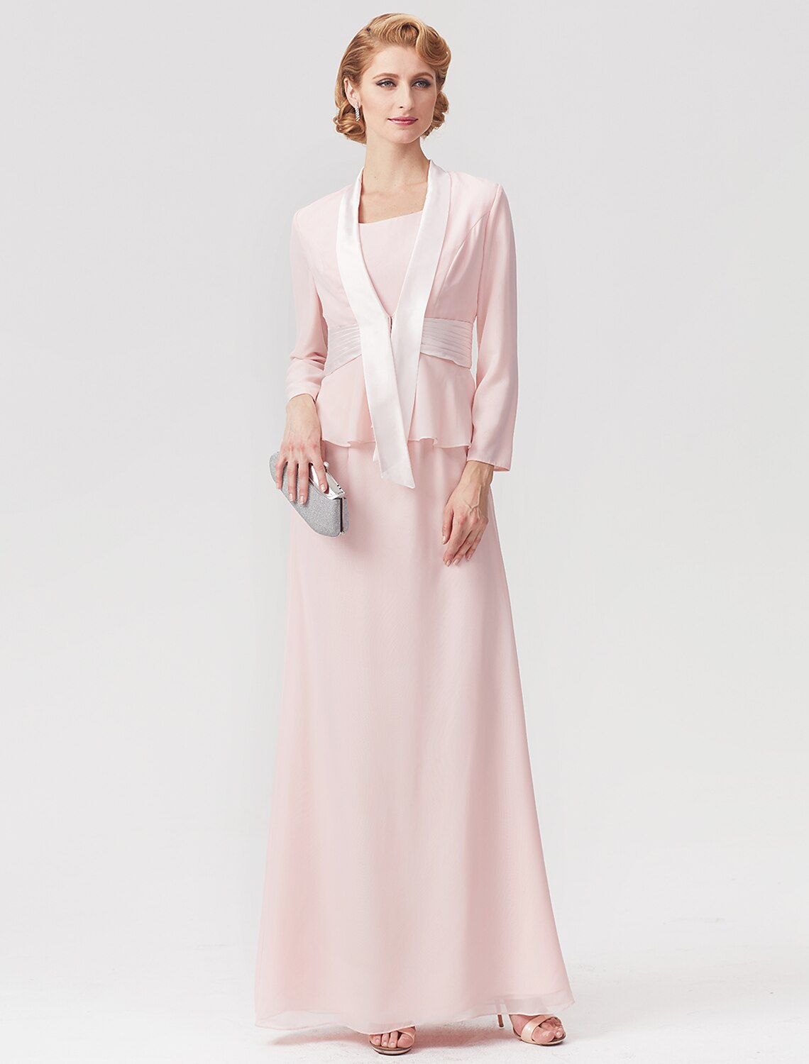 Two Piece A-Line Mother of the Bride Dress Elegant Square Neck Floor Length Chiffon Charmeuse Sleeveless Wrap Included with Ruched