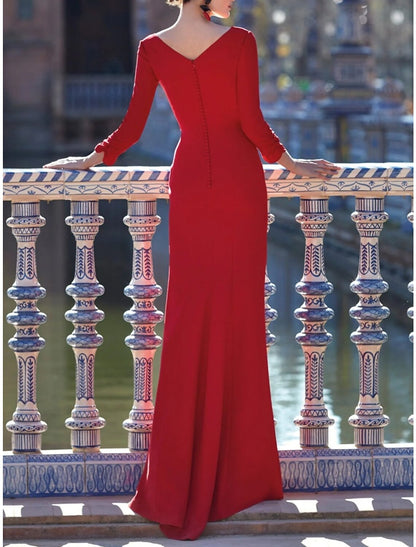 Sheath / Column Evening Gown Elegant Dress Formal Floor Length Christmas Red Green Dress 3/4 Length Sleeve V Neck Stretch Chiffon with Pleats Ruched Slit