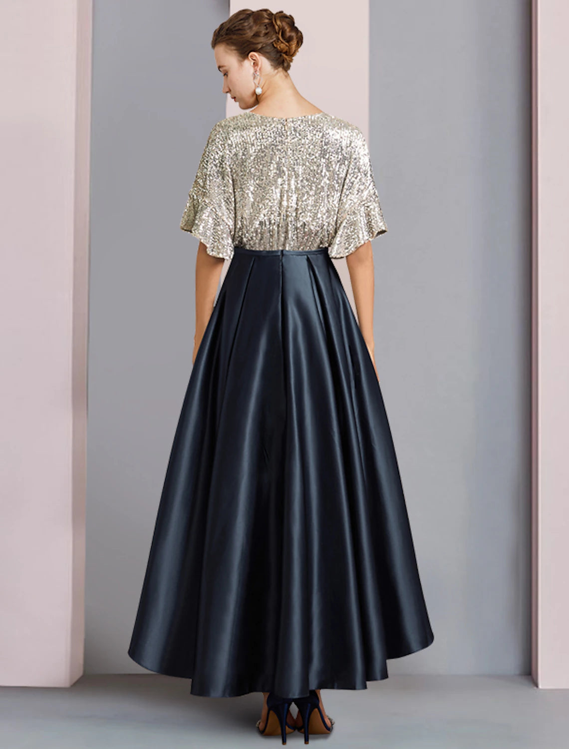 A-Line Mother of the Bride Dress Wedding Guest Elegant Sparkle & Shine High Low V Neck Asymmetrical Tea Length Satin Sequined Short Sleeve with Pleats