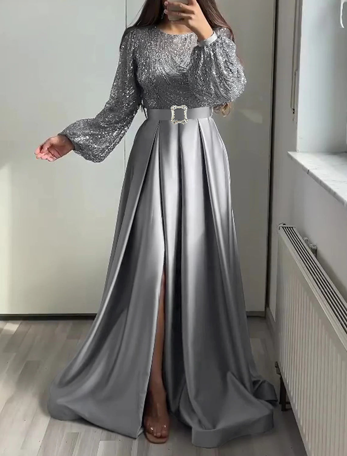 A-Line Evening Gown Elegant Dress Wedding Black Tie Floor Length Long Sleeve Jewel Neck Fall Wedding Guest Satin with Sequin