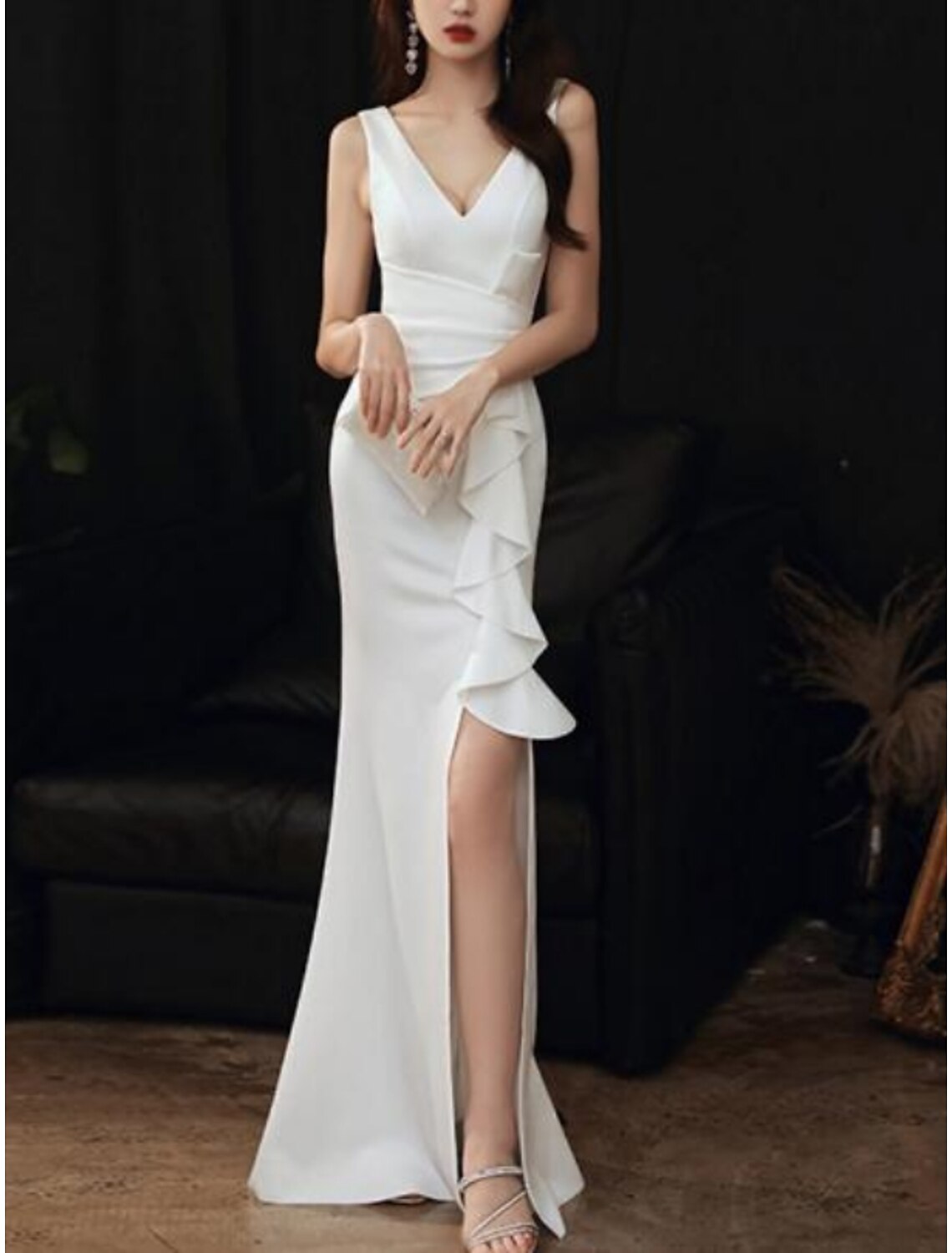 Mermaid / Trumpet Evening Gown Elegant Dress Wedding Guest Formal Evening Floor Length Sleeveless V Neck Stretch Fabric with Ruffles Slit