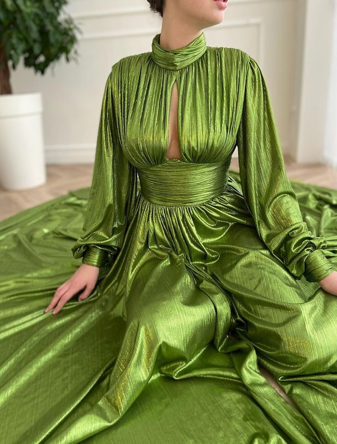 A-Line Evening Gown Elegant Dress Red Green Dress Party Wear Court Train Long Sleeve High Neck Taffeta with Pleats Slit