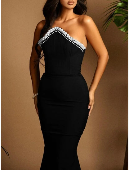 Mermaid / Trumpet Evening Gown Elegant Dress Formal Sweep / Brush Train Black Dress Sleeveless Strapless Stretch Fabric with Ruched Beading