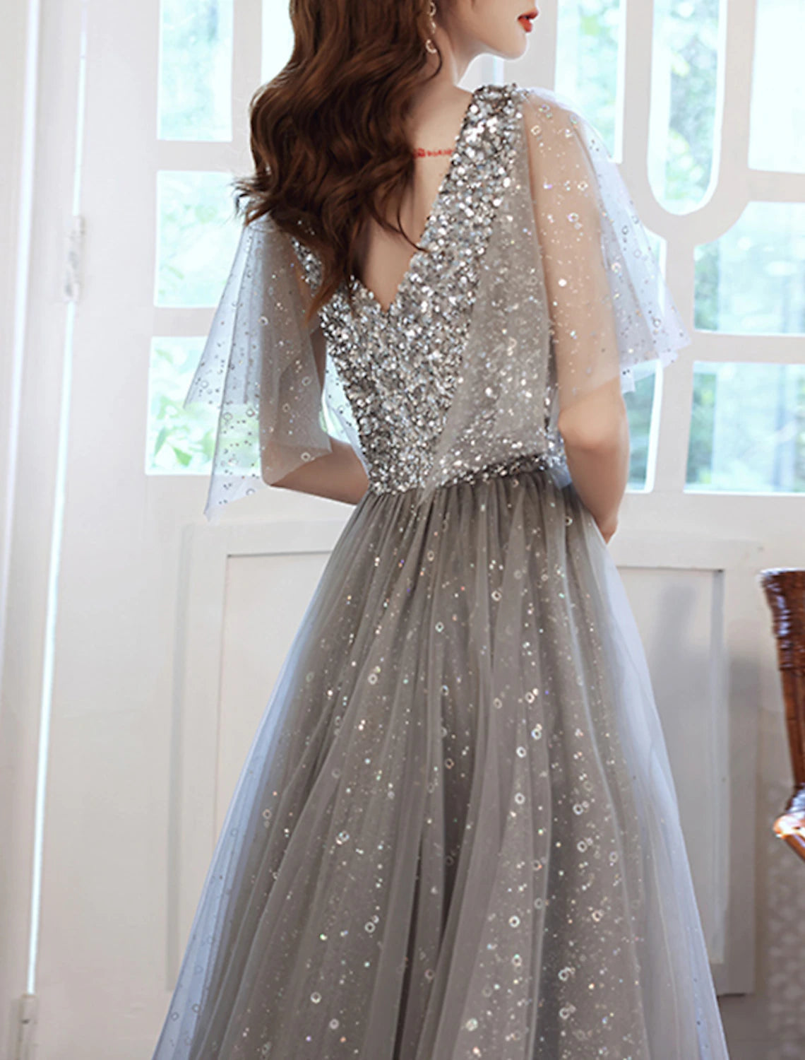 A-Line Evening Gown Elegant Dress Wedding Guest Formal Evening Floor Length Half Sleeve V Neck Tulle with Sequin Splicing