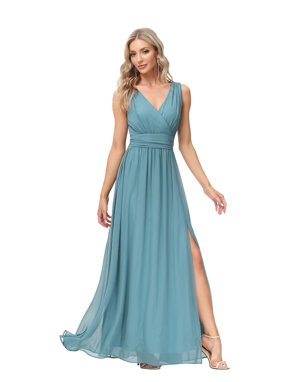 A-Line Evening Gown Elegant Dress Wedding Guest Party Wear Floor Length Sleeveless V Neck Bridesmaid Dress Chiffon V Back with Slit