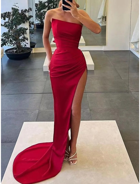 A-Line Evening Gown Elegant Dress Formal Court Train Sleeveless Strapless Satin with Ruched Slit