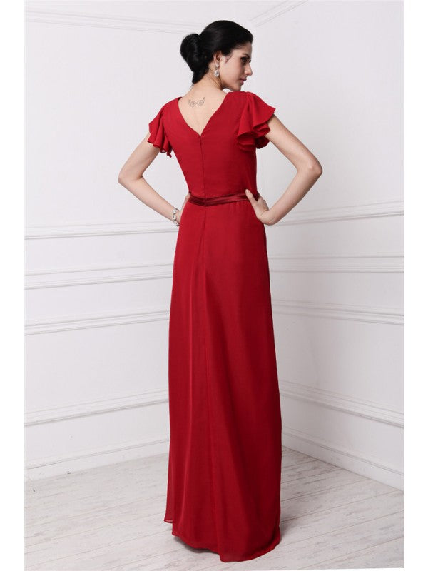 Sheath/Column V-neck Short Sleeves Pleats Long Chiffon Bridesmaid Dresses