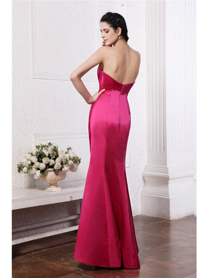 Sheath/Column Sweetheart Sleeveless Pleats Hand-Made Flower Long  Woven Satin Bridesmaid Dresses