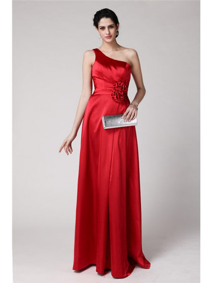 Sheath/Column One-Shoulder Sleeveless Pleats Hand-Made Flower Long  Woven Satin Bridesmaid Dresses