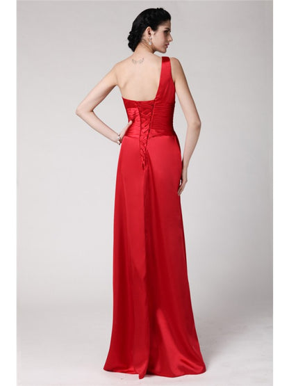 Sheath/Column One-Shoulder Sleeveless Pleats Hand-Made Flower Long  Woven Satin Bridesmaid Dresses