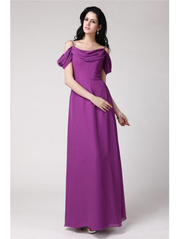 Sheath/Column Sleeveless Pleats Spaghetti Straps Long Chiffon Bridesmaid Dresses