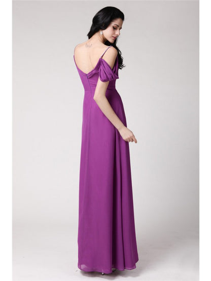 Sheath/Column Sleeveless Pleats Spaghetti Straps Long Chiffon Bridesmaid Dresses