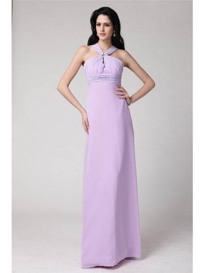 Sheath/Column High Neck Sleeveless Pleats Long Chiffon Bridesmaid Dresses