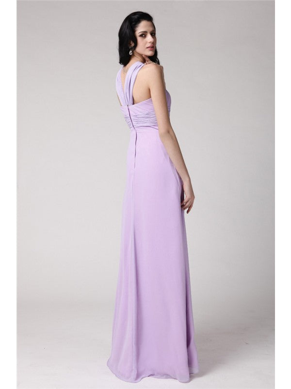 Sheath/Column High Neck Sleeveless Pleats Long Chiffon Bridesmaid Dresses