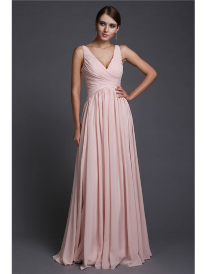 A-Line/Princess V-neck Sleeveless Long Ruffles Chiffon Bridesmaid Dresses