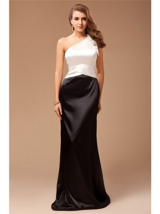 Sheath/Column One-Shoulder Ruffles Sleeveless Long Satin Bridesmaid Dresses