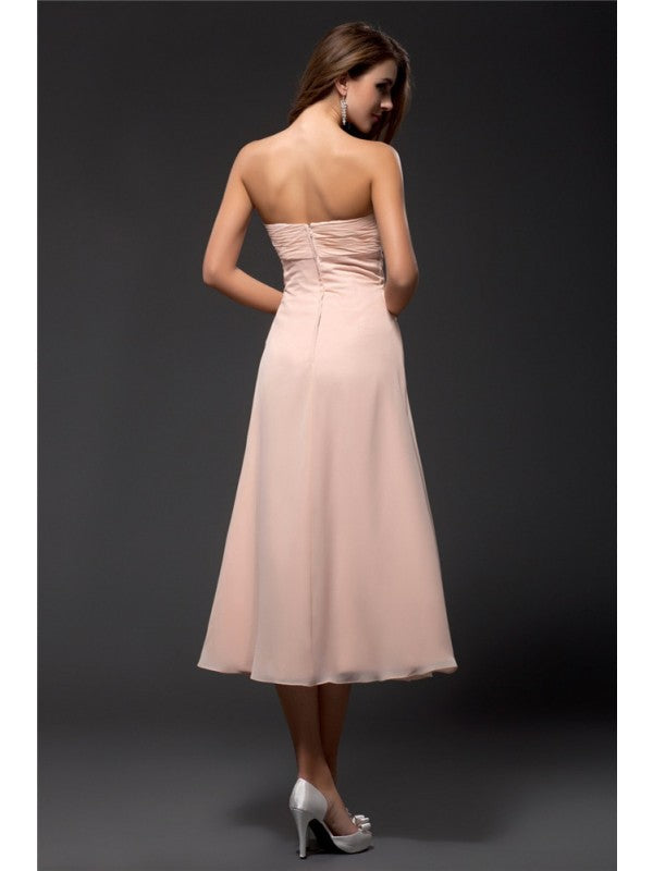 Sheath/Column Sweetheart Ruffles Sleeveless Tea Length Chiffon Bridesmaid Dresses