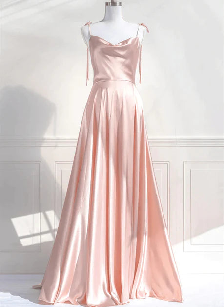 Pink satin collar tie A-line scarf long ball dress, pink satin shoulder strap low back long evening dress