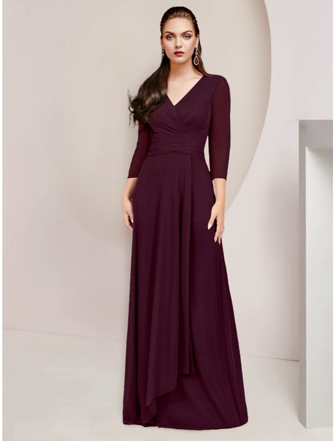 A-Line Mother of the Bride Dress Wedding Guest Elegant V Neck Floor Length Chiffon 3/4 Length Sleeve with Ruching Solid Color